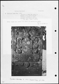 Photographs and research notes relating to graveyard monuments in Garvock Churchyard, Kincardineshire.
