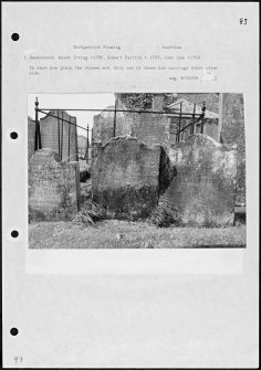 Photographs and research notes relating to graveyard monuments in Kirkpatrick Fleming, Dumfries.