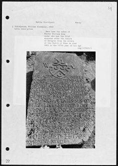 Photographs and research notes relating to graveyard monuments in Bellie Churchyard, Banffshire and Moray.
