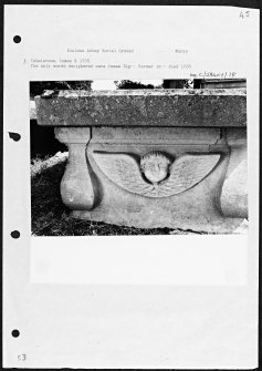 Photographs and research notes relating to graveyard monuments in Kinloss Abbey Burial Ground, Banffshire and Moray.
