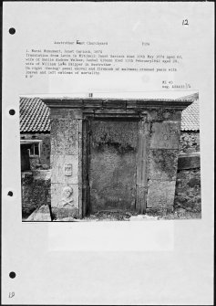 Photographs and research notes relating to graveyard monuments in Anstruther East Churchyard, Fife.  
