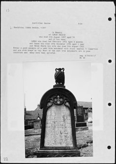 Photographs and research notes relating to graveyard monuments in Anstruther East Churchyard, Fife.  
