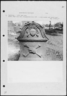 Photographs and research notes relating to graveyard monuments in Aucherderran Churchyard, Fife.  
