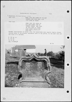 Photographs and research notes relating to graveyard monuments in Aucherderran Churchyard, Fife.  
