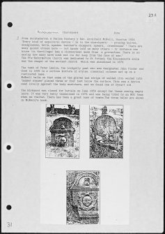 Photographs and research notes relating to graveyard monuments in Aucherderran Churchyard, Fife.  
