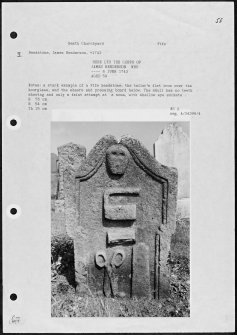 Photographs and research notes relating to graveyard monuments in Beath Churchyard, Fife.  
