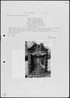 Photographs and research notes relating to graveyard monuments in Dunino Churchyard, Fife.  
