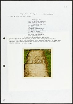 Photographs and research notes relating to graveyard monuments in Logie-Buchan Churchyard, Aberdeenshire.  
