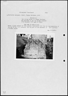 Photographs and research notes relating to graveyard monuments in Kilconquhar Churchyard, Fife.  
