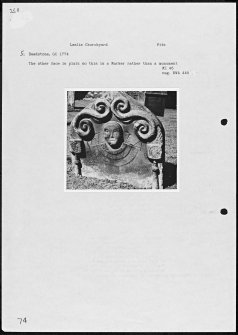 Photographs and research notes relating to graveyard monuments in Leslie Churchyard, Fife.  
