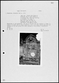 Photographs and research notes relating to graveyard monuments in Logie Churchyard, Fife.  
