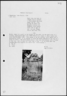 Photographs and research notes relating to graveyard monuments in Newburn Churchyard, Fife.  
