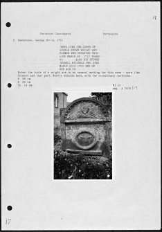 Photographs and research notes relating to graveyard monuments in Forteviot Churchyard, Perthshire. 

