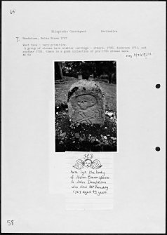 Photographs and research notes relating to graveyard monuments in Kilspindie Churchyard, Perthshire. 

