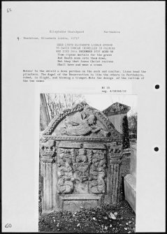 Photographs and research notes relating to graveyard monuments in Kilspindie Churchyard, Perthshire. 

