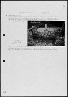 Photographs and research notes relating to graveyard monuments in Kilspindie Churchyard, Perthshire. 

