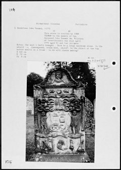 Photographs and research notes relating to graveyard monuments in Kirkmichael Glenshee Churchyard, Perthshire. 

