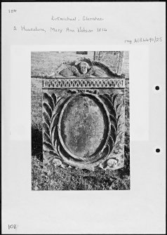 Photographs and research notes relating to graveyard monuments in Kirkmichael Glenshee Churchyard, Perthshire. 
