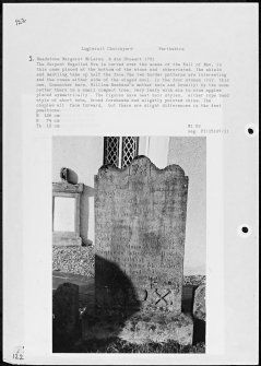 Photographs and research notes relating to graveyard monuments in Logierait Churchyard, Perthshire. 

