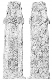 Scanned ink drawing of front and rear faces of Fowlis Wester Pictish cross slab