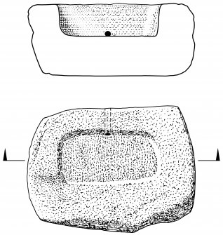 Scanned ink drawing of Lassintullich font/stoup built into North West corner of burial ground wall