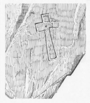 Scanned pencil drawing of incised outline cross with central dot