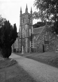 View from SSE showing S front of St John's Town of Dalry Parish Church with part of Aisle on right.