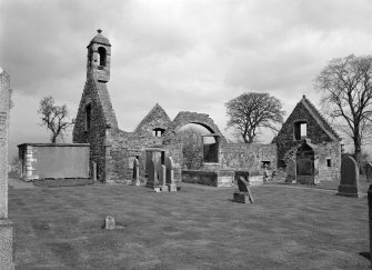 View from SSW showing WSW and SSE fronts of Old Parish Church and Churchyard, Gladsmuir.