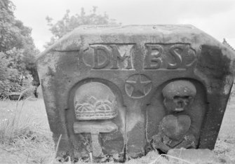 View of gravestone for DM BS, 17(?)9, Culross Abbey graveyard.