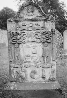 View of gravestone commemorating John Yeaman dated 1772, in the churchyard of Kirmichael and Straloch Church.