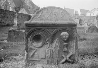 View of gravestone dated 1729 and with initials 'JA JN' in the churchyard of Alloa Old Parish Church.