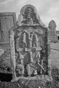View of gravestone commemorating Jas. Nockel dated 1764 in the churchyard of Chapelhill Old Parish Church.