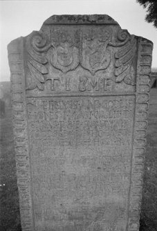 View of headstone commemorating Thomas Imrie, 1642, in the churchyard of Tayport Parish Church.