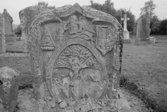 View of gravestone commemorating Gilbert Layell, 1785, in the churchyard of St Madoes Parish Church.