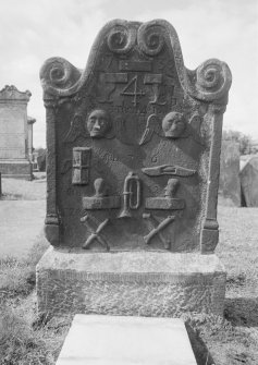 View of merchant gravestone dated 1730 in the churchyard of Kilsyth Parish Church.