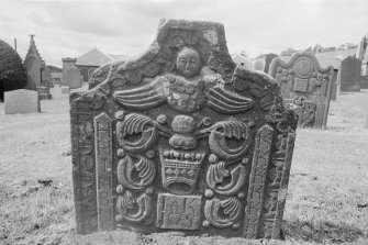 View of gravestone commemorating James Key, 1723, in the churchyard of Monikie Parish Church.