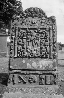 View of gravestone commemorating Elizabeth Ramsey 1772 in the churchyard of Inverarity Church.