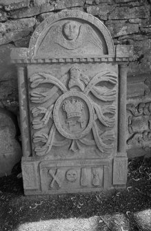 View of gravestone in the churchyard of Inverarity Church.