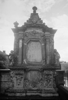 View of mural monument to Sussana Muir 1710 in St Michael's Churchyard, Dumfries.