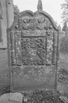 View of gravestone commemorating Alexander Bell, 1773, in the churchyard of Lundie Parish Church.