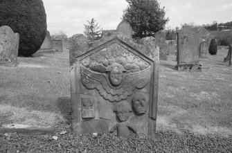 View of headstone commemorating Thomas Hardie, 1749, in the churchyard of Earlston Parish Church.