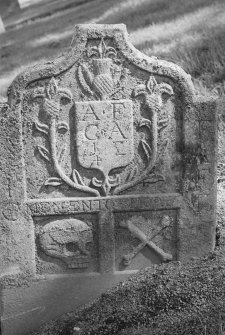 View of headstone commemorating Andrew Forbes, 1747, in the churchyard of Inverkeilor Parish Church.