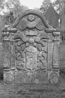 View of gravestone commemorating William Cobban, 1782, in the churchyard of Farnell Parish Church.