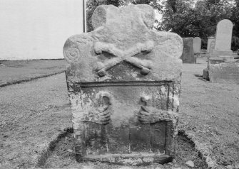 View of gravestone with initials 'W B E P', 1751, in the churchyard of Yester Parish Church, Gifford.