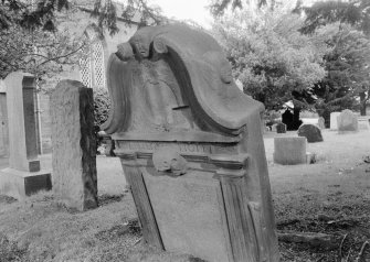 View of gravestone commemorating John Jameson, 1723, in the churchyard of Whittinghame Parish Church.