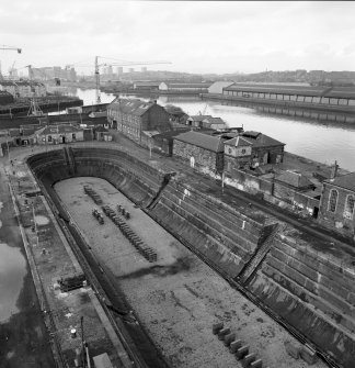 Glasgow, 18 Clydebrae Street, Govan Graving Docks.
General elevated view from South-East of no.1 graving dock, workshop, offices and pumphouse.