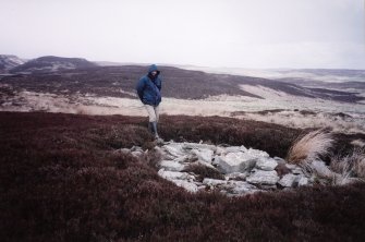 Groat's Loch, cairn from S with Garrywhin Fort (ND34SW 3)  in background.  With Mr P McKeague