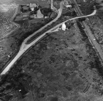 Oblique aerial view of agricultural landscape at Balblair and Edderton Station.