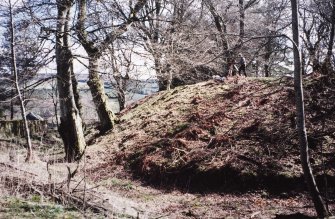 View of NE side of motte during survey; Mr Alan Leith (RCAHMS) in picture
