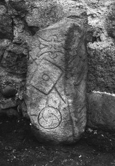 View of Pictish symbol stone, displaying mirror-case, 'shield and spear', and double-crescent symbols.